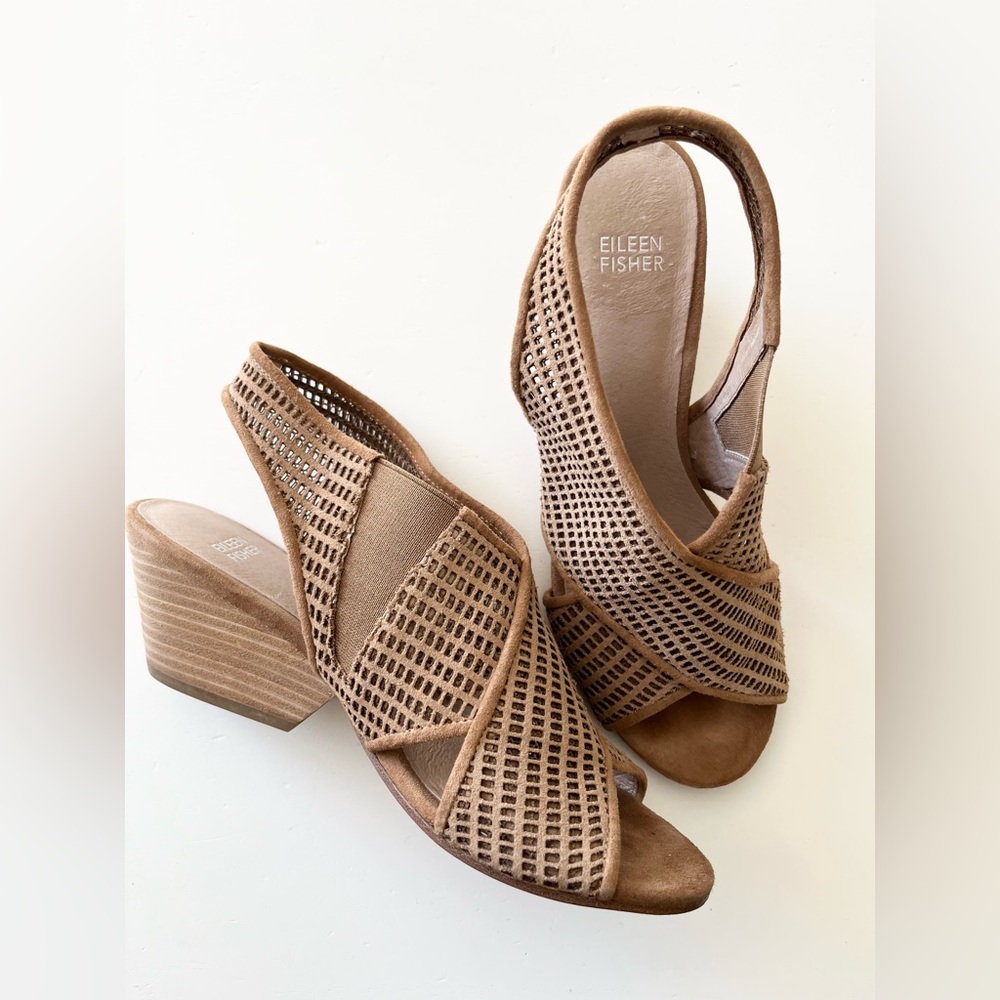 Eileen Fisher Tan Perforated Slingback Wedge Sandals